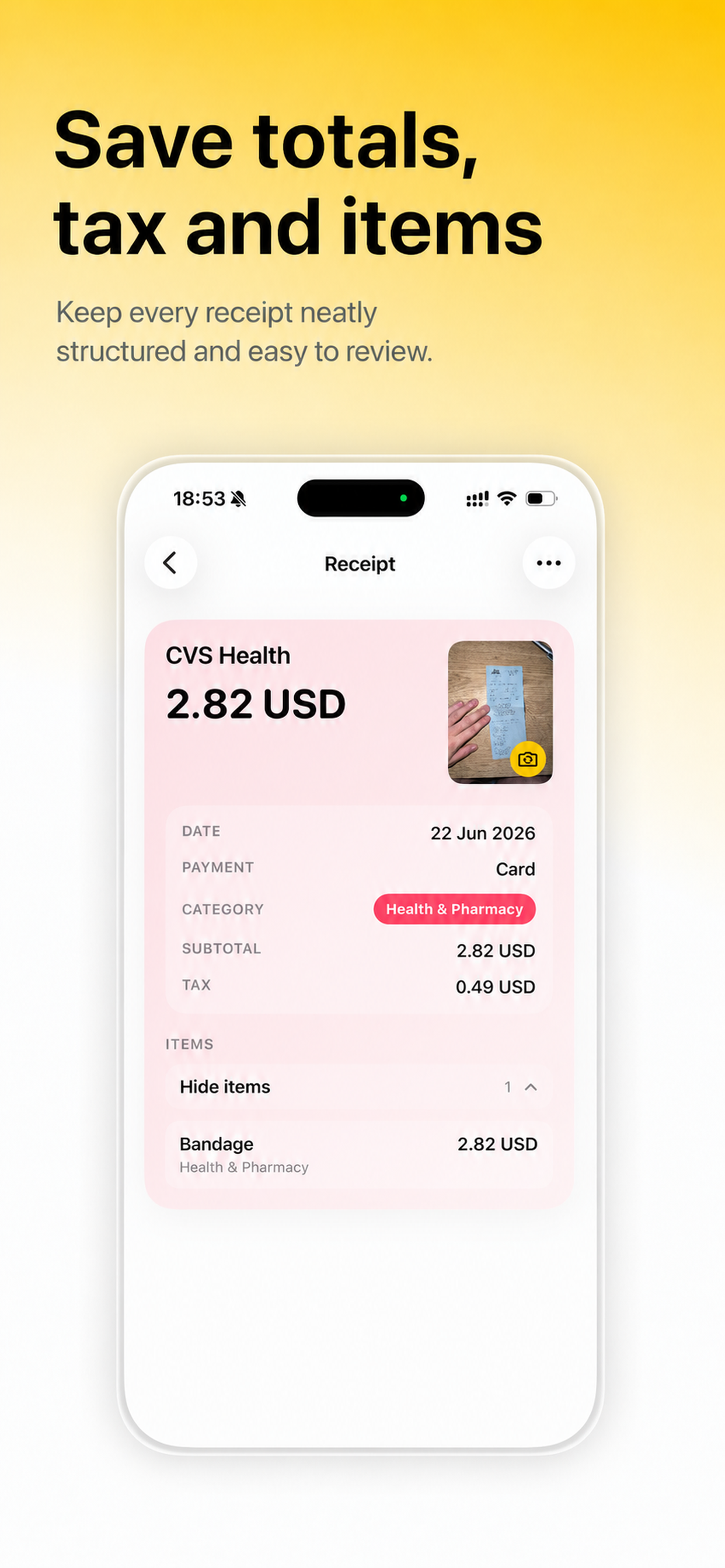 Receipt detail card screen in the Receipt Scanner app