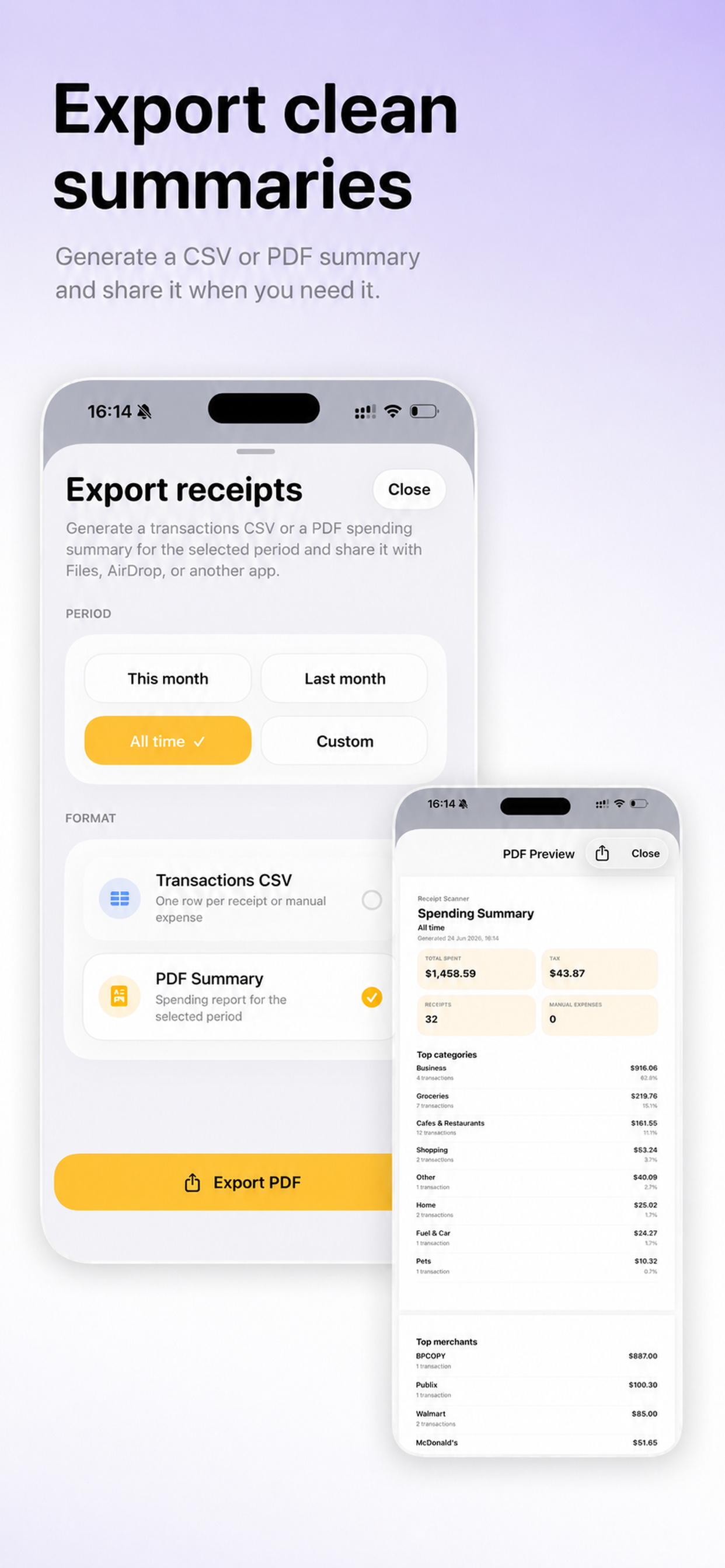 Export screen for receipt and expense records in the Receipt Scanner app
