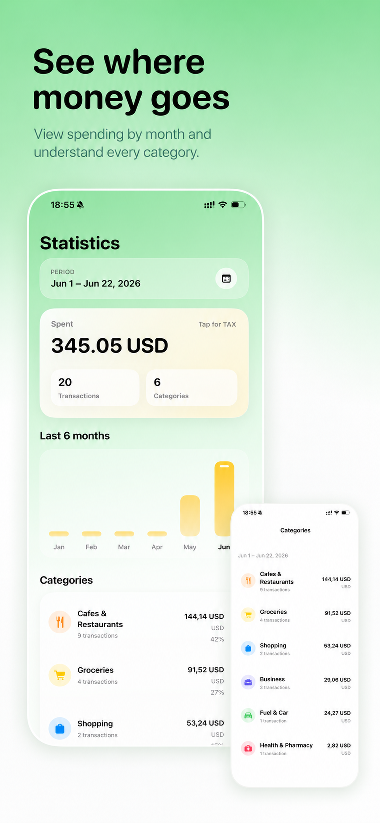 Overview screen with expense summaries in the Receipt Scanner app