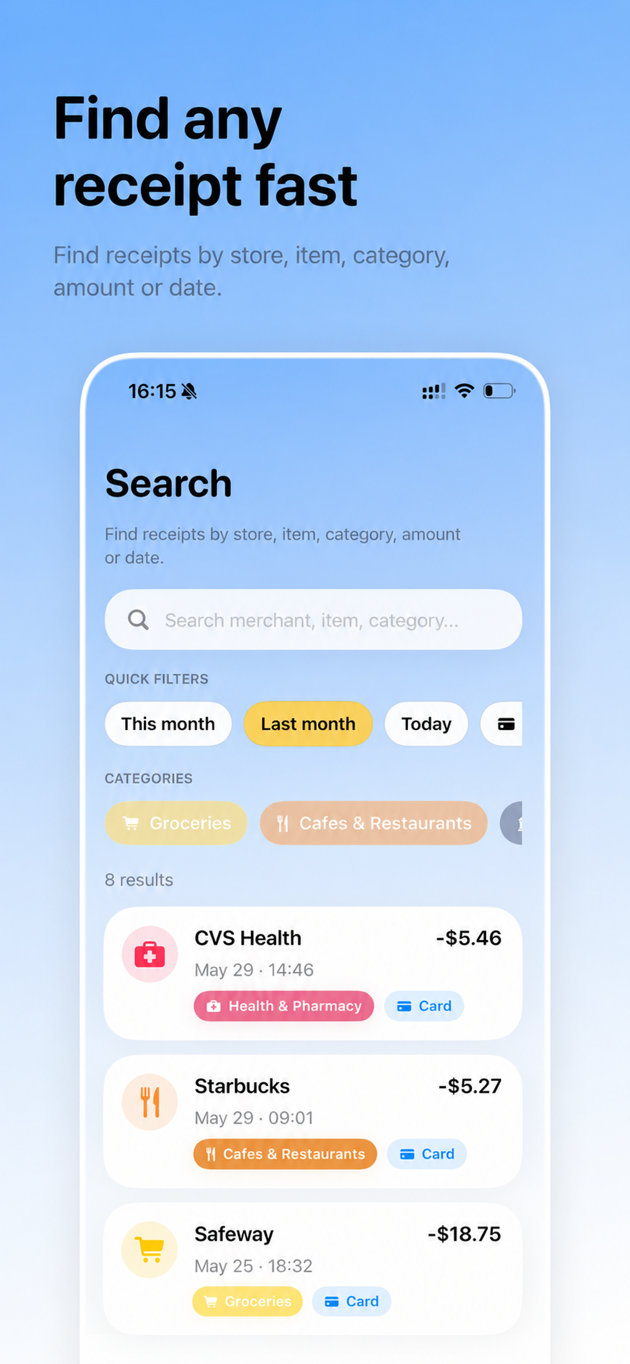 Search screen for receipts and expense records in the Receipt Scanner app