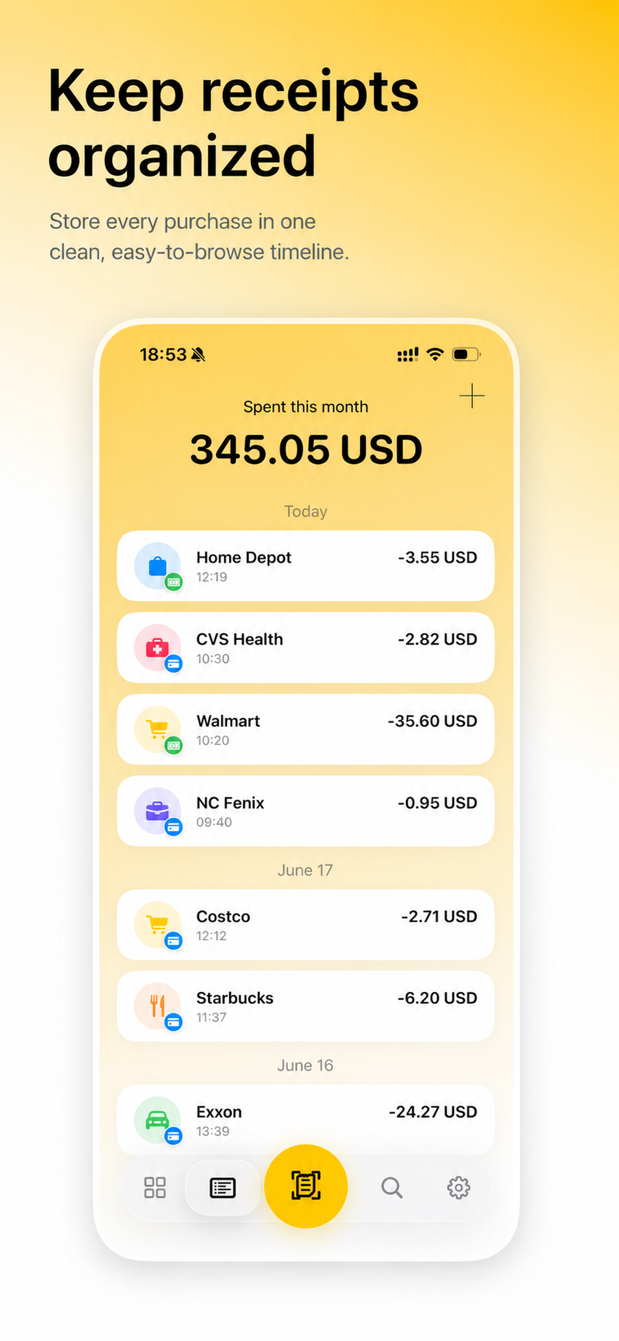 Transactions screen listing expense entries in the Receipt Scanner app